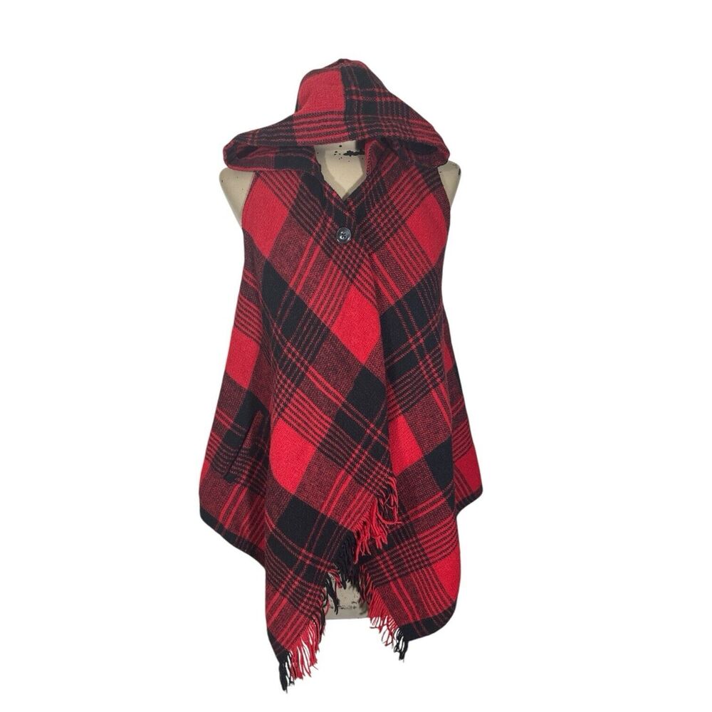 Plaid Hooded Shawl Cape Fringed Vest